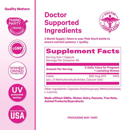 Pink Stork Folate: Methyl Folate - MTHFR Acid, Natural Form of Folic Acid for Pregnancy, Formulated for Mom + Baby, Women-Owned, 60 Capsules (Packaging May Vary)
