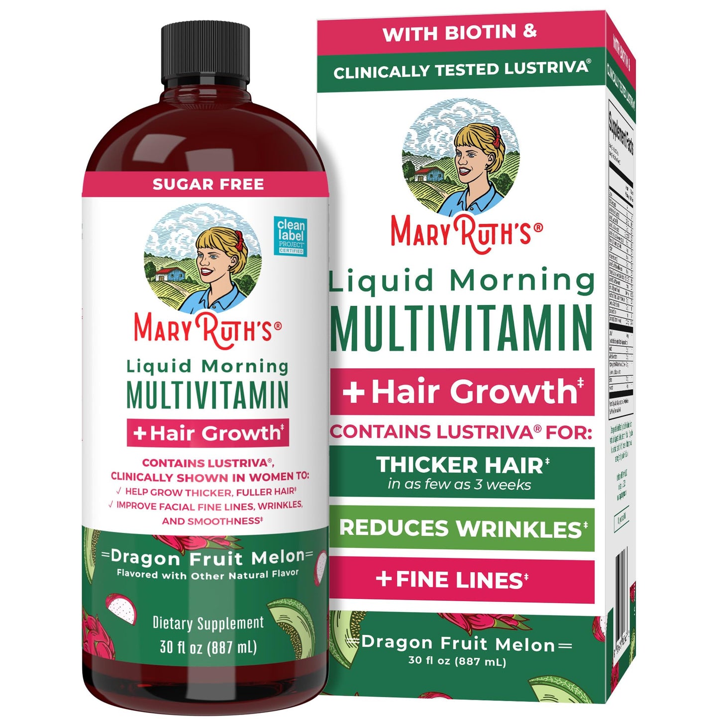 MARYRUTH'S Liquid Multivitamin + Hair Growth | Clinically Tested in Women for Thicker Hair & Facial Wrinkles | Biotin 10000mcg | Lustriva Hair Growth Supplements | Skin Care | Ages 18+ | 15.22 Fl Oz