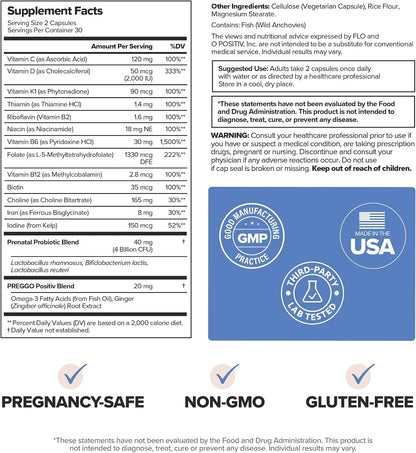 PREGGO Prenatal Vitamin + Probiotic with Folate & Choline – 30-Day Supply