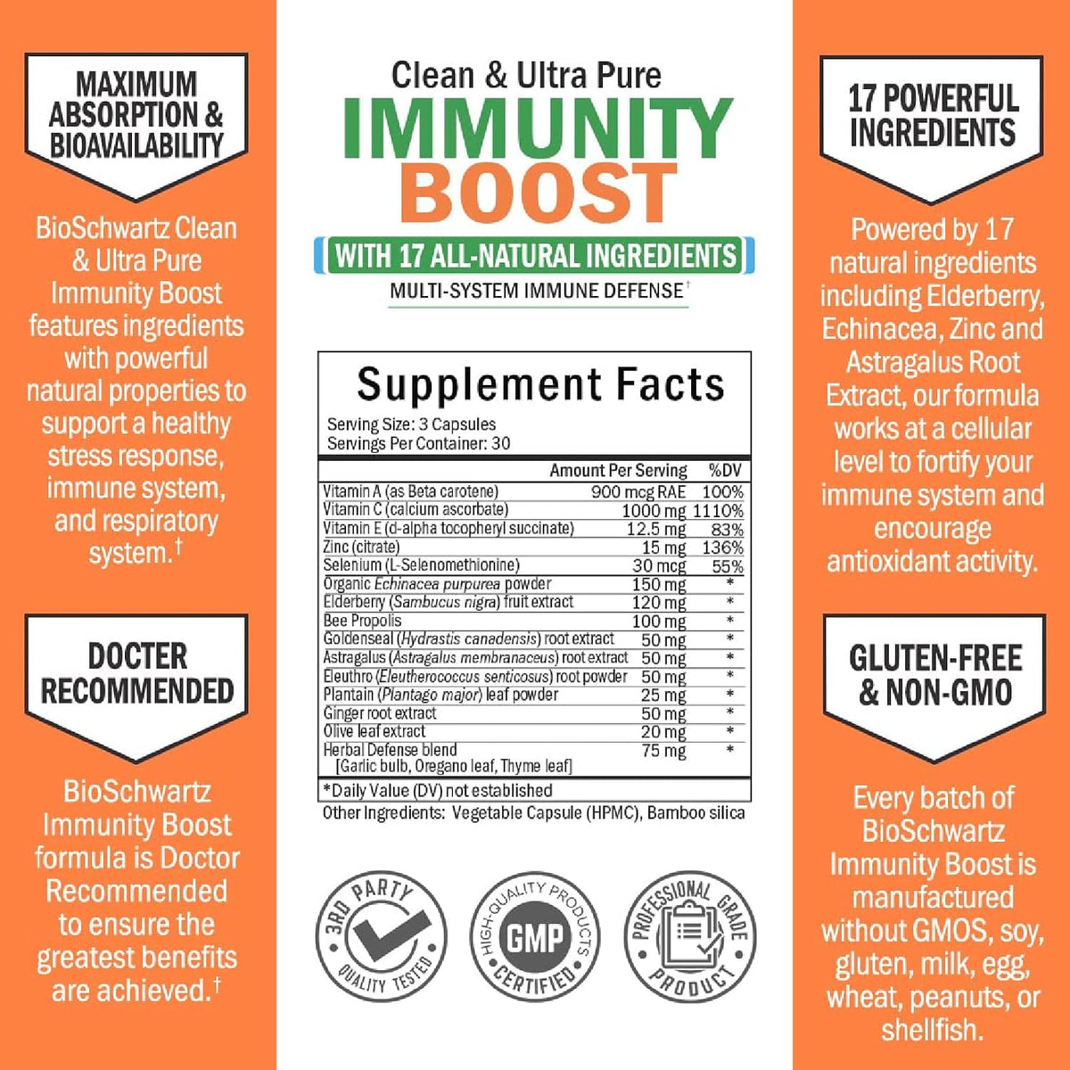 Immune Support Supplement for Adults with Vitamin C and Zinc, 90 Capsules