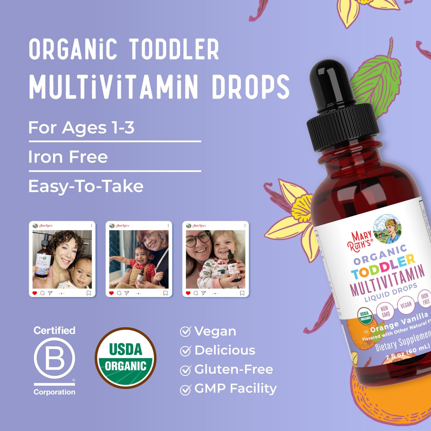MARYRUTH'S Organics Multivitamin & Multimineral with Iron for Toddlers | USDA Organic | Sugar Free | Multivitamin Liquid Drops for Kids Ages 1-3 | Immune Support | Vegan | Non-GMO | 2 Fl Oz