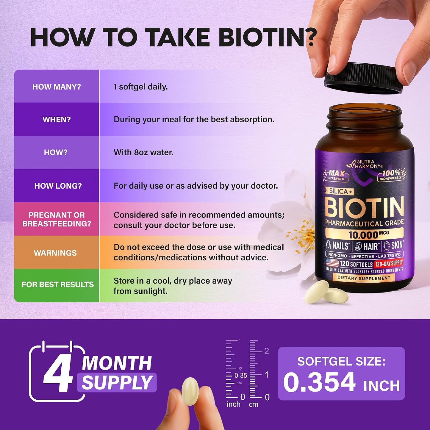 Biotin 10000 mcg with Silicon - Pharmaceutical Grade Biotin Supplement for Women - Hair Growth Support, Skin & Nails - Max Strength & 100% Bioavailability - Lab Tested - 120 Softgels, 120 Days Supply