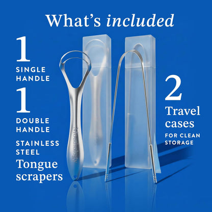 Mouthology Tongue Scraper (2 Pack), Reduce Bad Breath (Travel Cases Included), Stainless Steel Tongue Cleaners, Metal Tongue Scraper, Tongue Scraper for Adults - Fresher Breath in Seconds