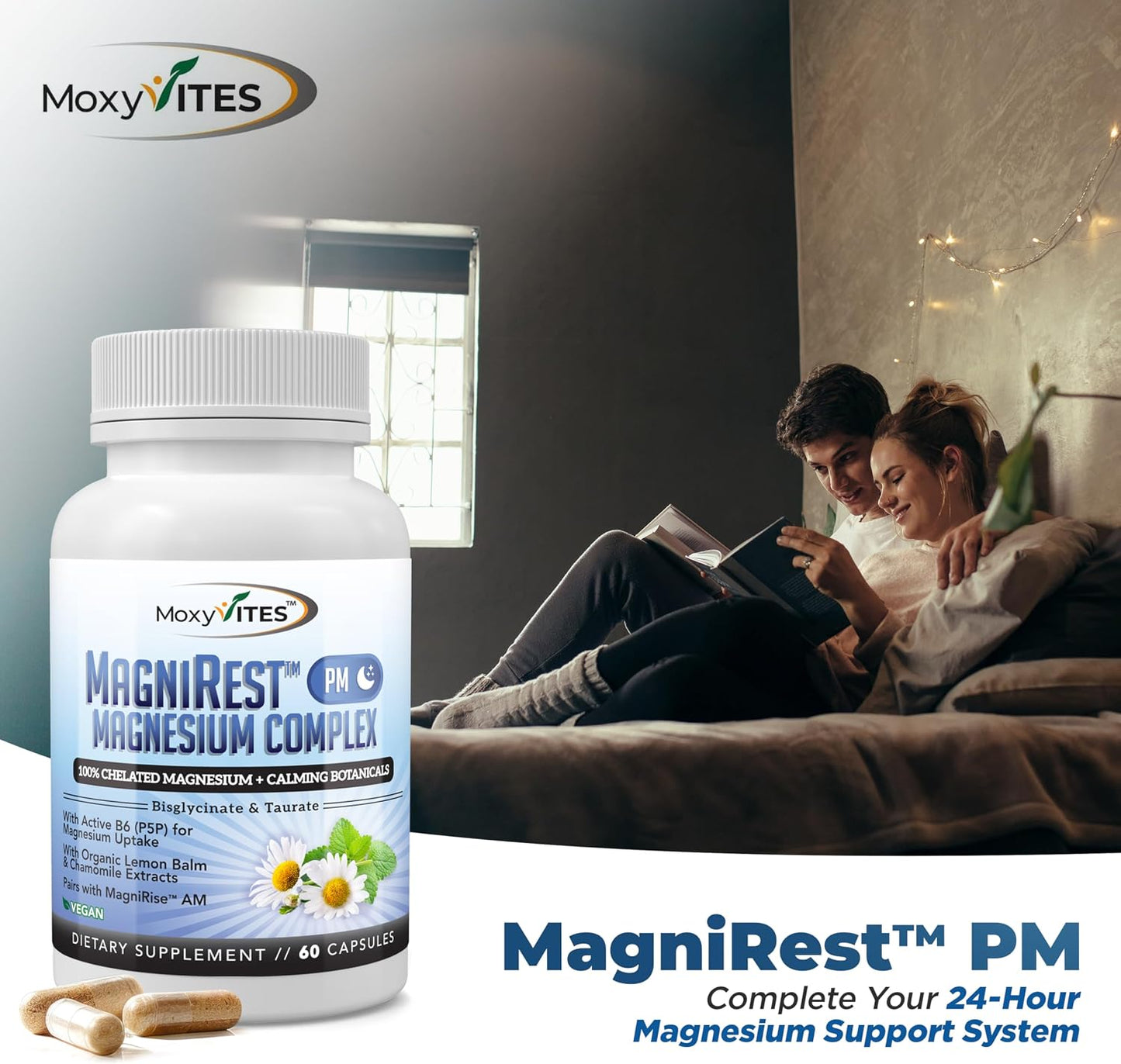MoxyVites MagniRest PM Magnesium Complex for Women & Men - Magnesium Bisglycinate, Taurate, Active B6, & Calming Organic Botanicals - Chelated High Absorption - Nighttime Magnesium, 60 Vegan Capsules