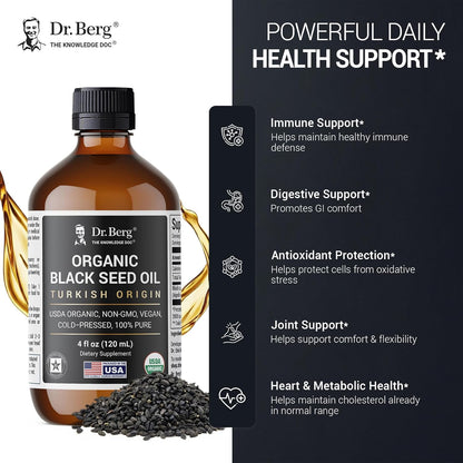 Dr. Berg Black Seed Oil Organic Cold Pressed – Pure Nigella Sativa Black Cumin Oil – USDA Organic, Halal, Vegan – for Hair, Skin, Immune Support – Unrefined Liquid – 4 oz Glass Bottle