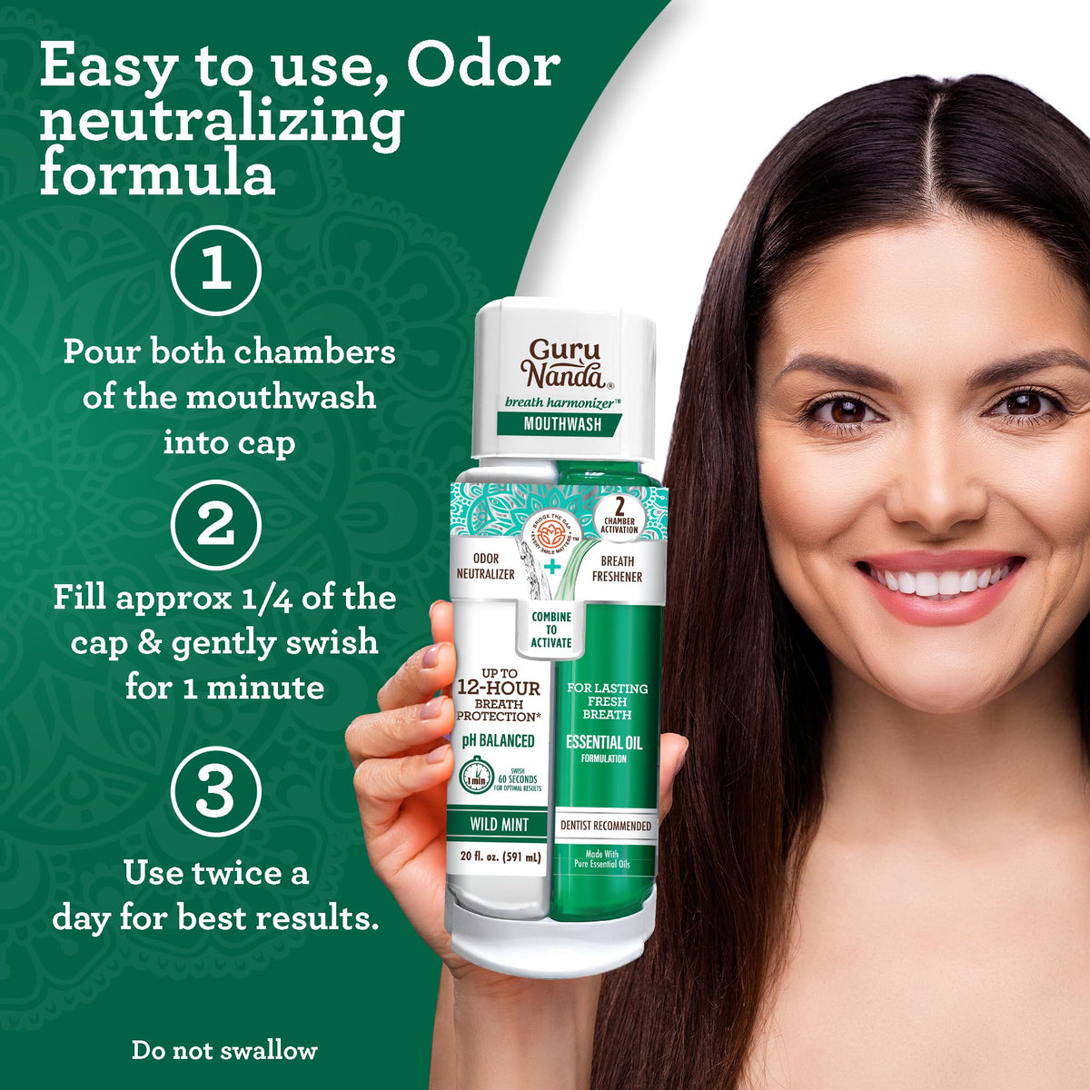 GuruNanda Dual Barrel Fresh Breath Mouthwash with Xylitol, Mint, 3x20 oz