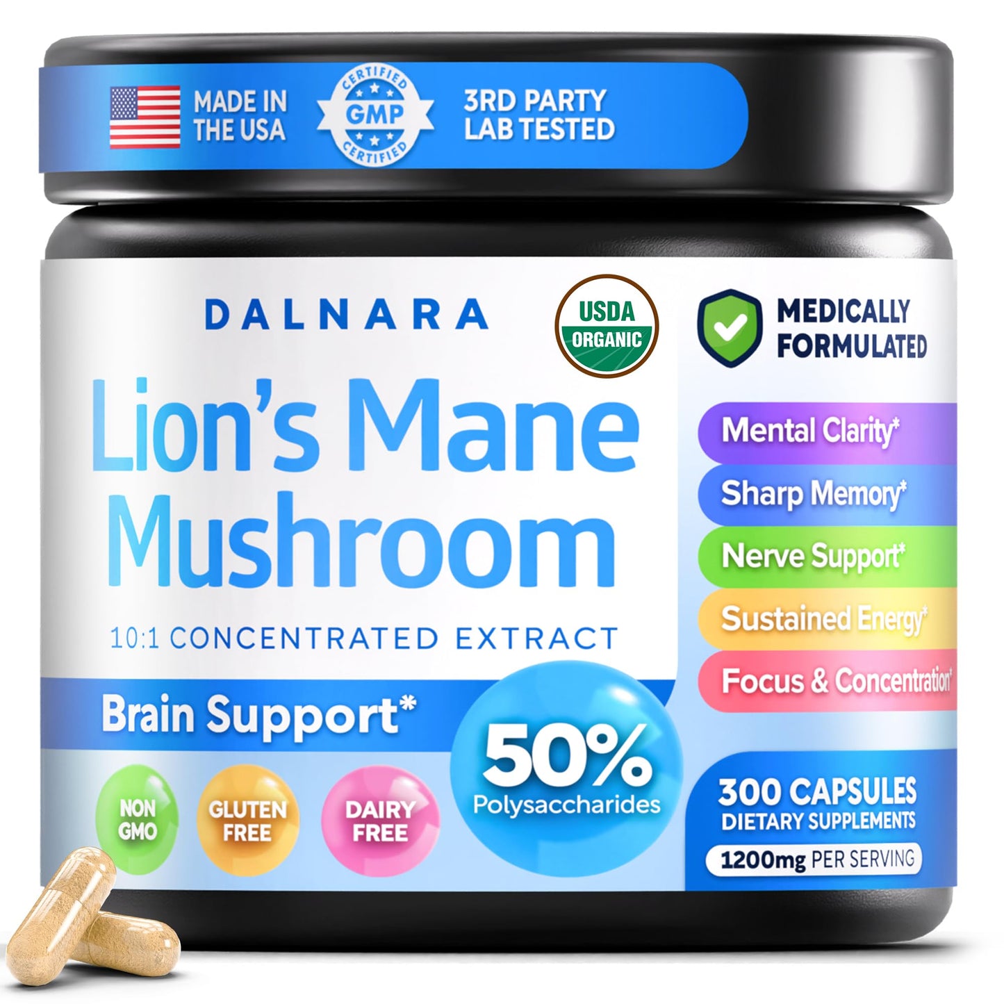 USDA Organic Lion's Mane, 50% Polysaccharides, 120ct | Focus | Brain Health