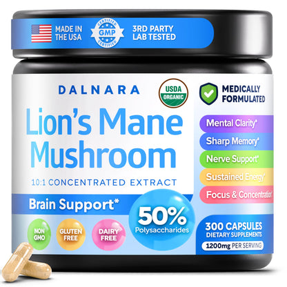 USDA Organic Lion's Mane, 50% Polysaccharides, 120ct | Focus | Brain Health