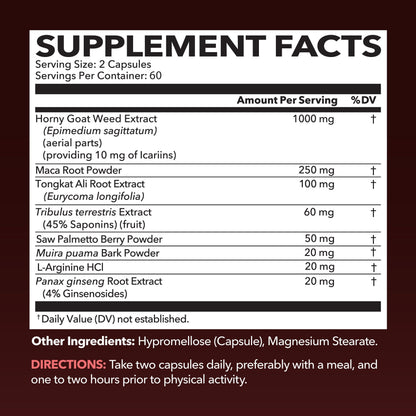 Horny Goat Weed with Maca, Tongkat Ali and Saw Palmetto, 30 Servings | Vegan, Non-GMO, Gluten free Horny Goat Weed Capsules for Men & Women, Extra Strength Performance, 60 Count, 1 Month Supply