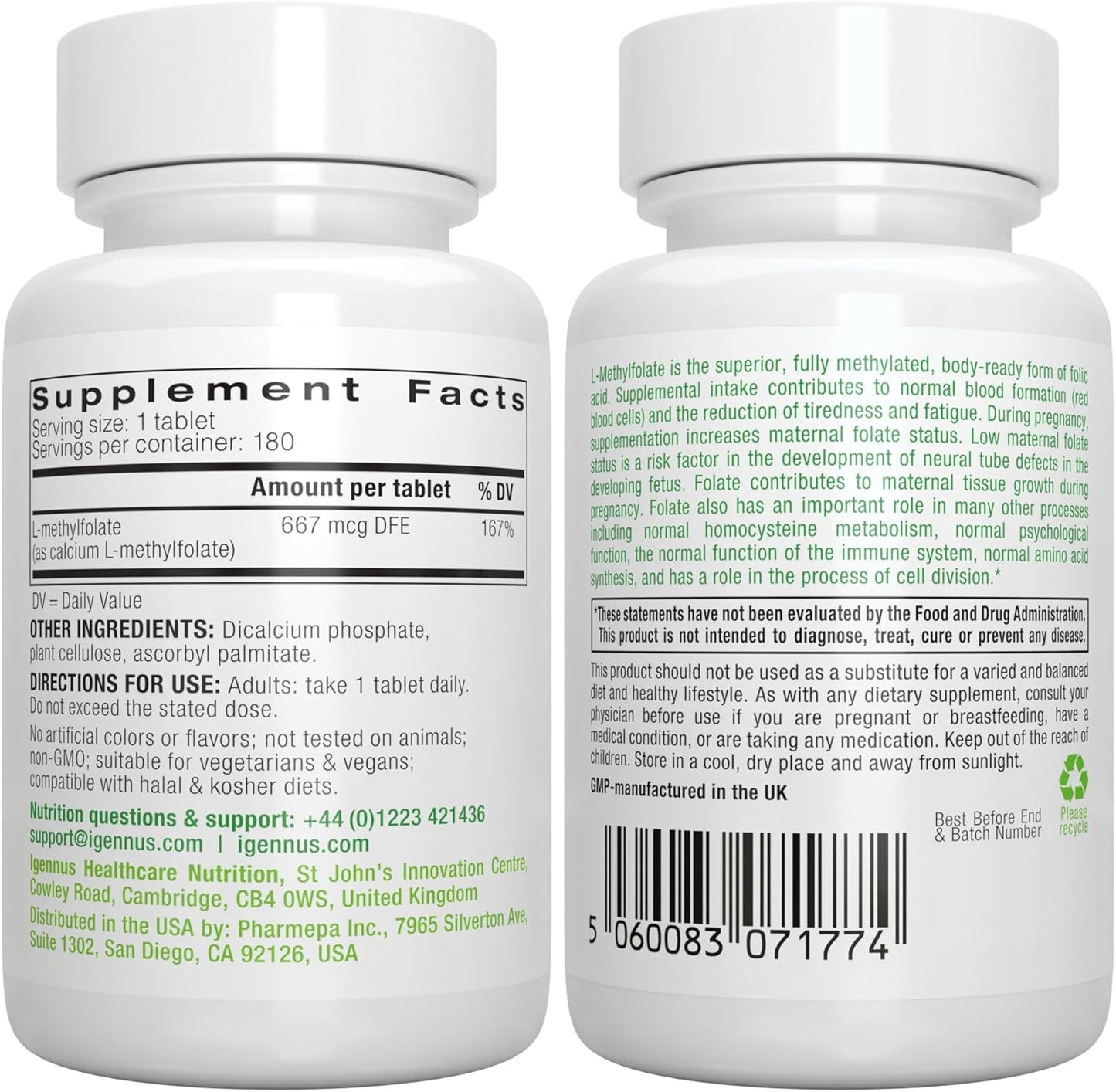 Igennus Pure Methyl Folate 400 mcg, 180 Tablets, Clean Label, Methylated Form of Folic Acid 5-MTHF (Vitamin B9), Vegan, Suitable for Pregnancy, One-a-Day, 6 Month Supply