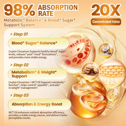 2-in-1 Organic Ceylon Cinnamon with MCT Oil Supplements Softgels, 120 Day Supply, Authentic Sri Lankan Source, Liposome Highly Bioavailable Extract, Energy & Metabolism Support, Large Granule Softgels