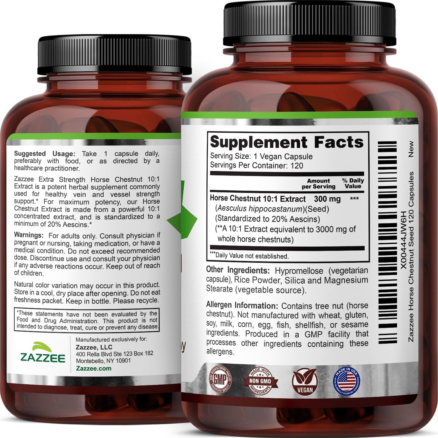 Zazzee Extra Strength Horse Chestnut 10:1 Extract, 20% Aescins, 120 Vegan Capsules, 4 Month Supply, Aesculus Hippocastanum, Healthy Circulation & Blood Flow Support, Non-GMO, Made in the USA