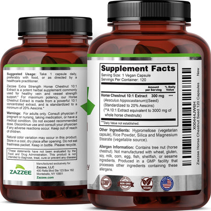 Zazzee Extra Strength Horse Chestnut 10:1 Extract, 20% Aescins, 120 Vegan Capsules, 4 Month Supply, Aesculus Hippocastanum, Healthy Circulation & Blood Flow Support, Non-GMO, Made in the USA