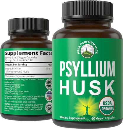 Peak Performance USDA Organic Psyllium Husk Vegan Capsules Made with Seed - Fiber Supplement for Gut - Digestive Prebiotics - for Digestion and Roughage Without Bloating - Vegan, Gluten-Free Pills