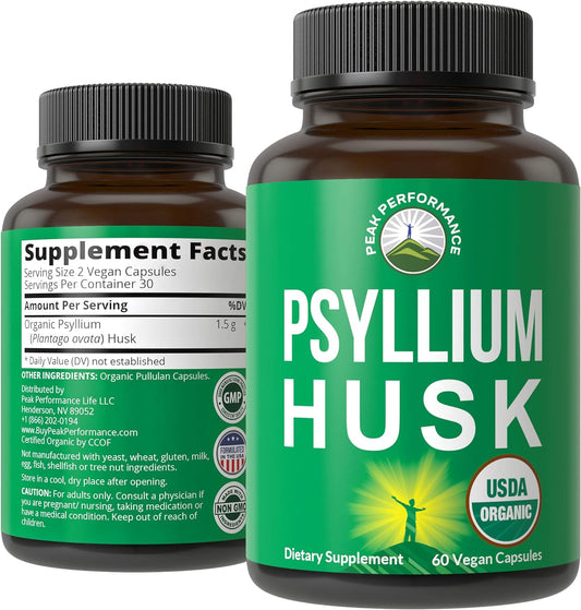 Peak Performance USDA Organic Psyllium Husk Vegan Capsules Made with Seed - Fiber Supplement for Gut - Digestive Prebiotics - for Digestion and Roughage Without Bloating - Vegan, Gluten-Free Pills
