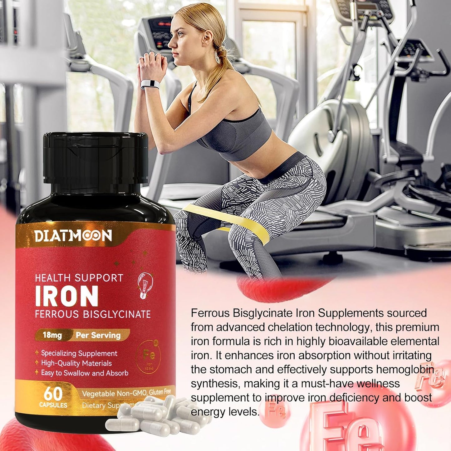 2 Pack Iron Supplement for Women & Men - Highly Absorbable Iron Bisglycinate Capsules for Adults,Vegan, Non-GMO, Gluten-Free, Supports Energy & Overall Wellbeing