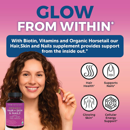 Biotin 5000 mcg Hair Skin Nails Vitamins for Women – Organic and Vegetarian-Friendly Supplement with Vitamin E, B-Vitamins, Spirulina, Horsetail and Superfood Blend to help Produce Keratin –120 Count