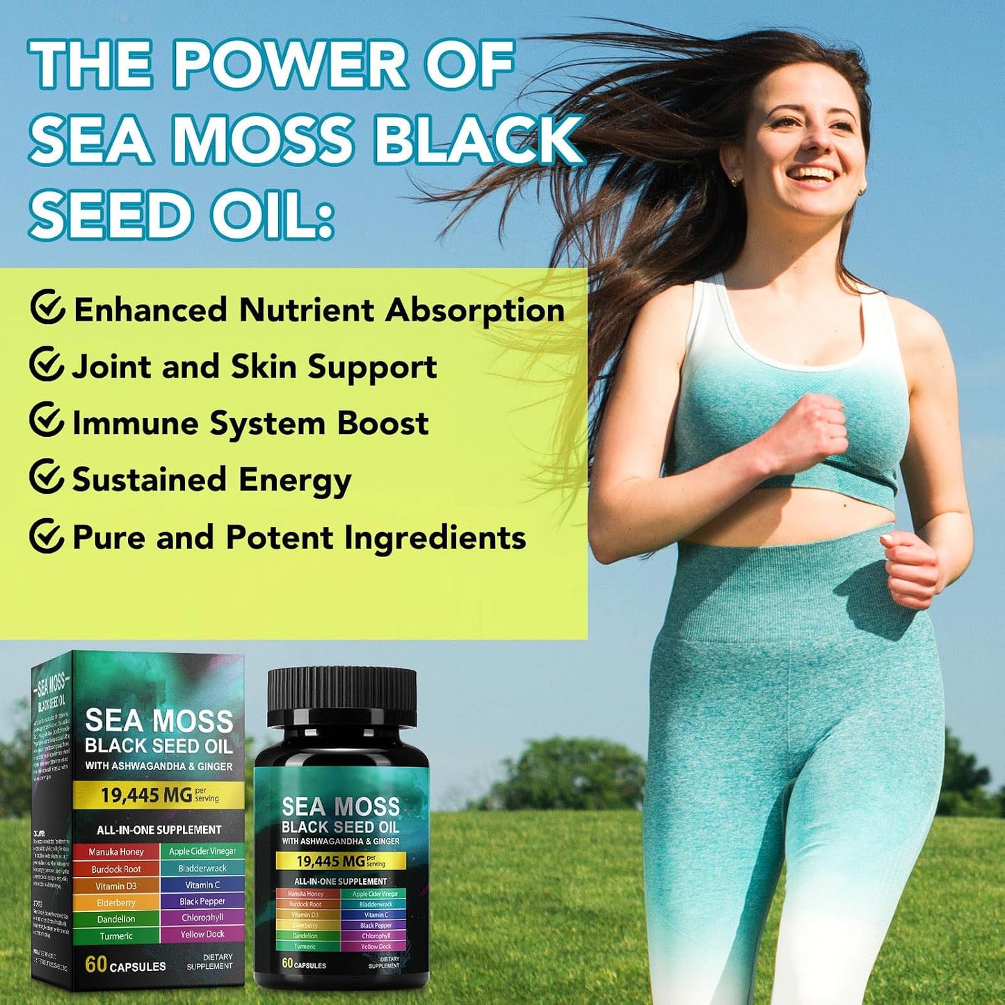 Sea Moss Black Seed Oil Ashwagandha Ginger, Sea Moss Capsule Supplement with Turmeric Burdock Root Bladderwrack Vitamin C Vitamin D3 Enhanced Immunity & Energy Black Seed Oil Capsule 60 Count