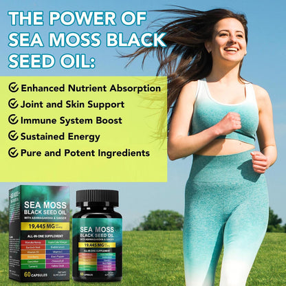 Sea Moss Black Seed Oil Ashwagandha Ginger, Sea Moss Capsule Supplement with Turmeric Burdock Root Bladderwrack Vitamin C Vitamin D3 Enhanced Immunity & Energy Black Seed Oil Capsule 60 Count