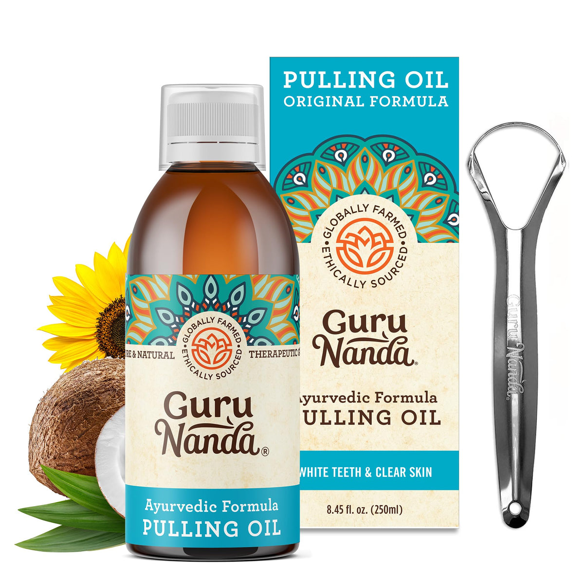 GuruNanda Original Oil Pulling with Tongue Scraper, Alcohol & Fluoriode Free Mouthwash