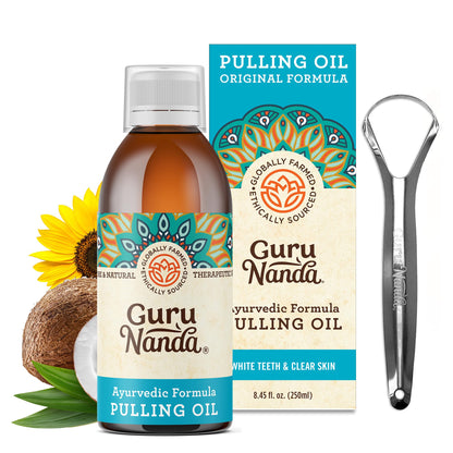 GuruNanda Original Oil Pulling with Tongue Scraper, Alcohol & Fluoriode Free Mouthwash