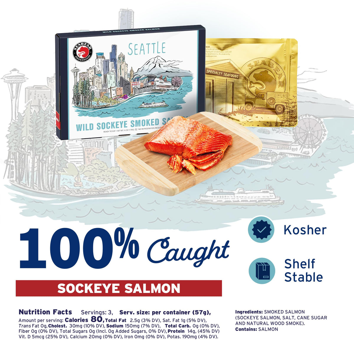 SeaBear Smoked Salmon Trio 18oz (3 x 6oz) Fillets Gift Box – Wild Alaska Sockeye, Wild Pink & Coho Fillets, Shelf Stable, Ready to Eat, 18 Ounce (3 x 6 Ounce) Filets