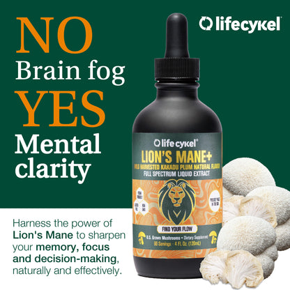 Life Cykel - Lion's Mane Mushroom Extract with Kakadu Plum - Brain Booster Nootropic for Memory, Focus & REM Sleep - Non-GMO, Organic Mushroom Tincture - 4 Fl Oz (60 Servings)