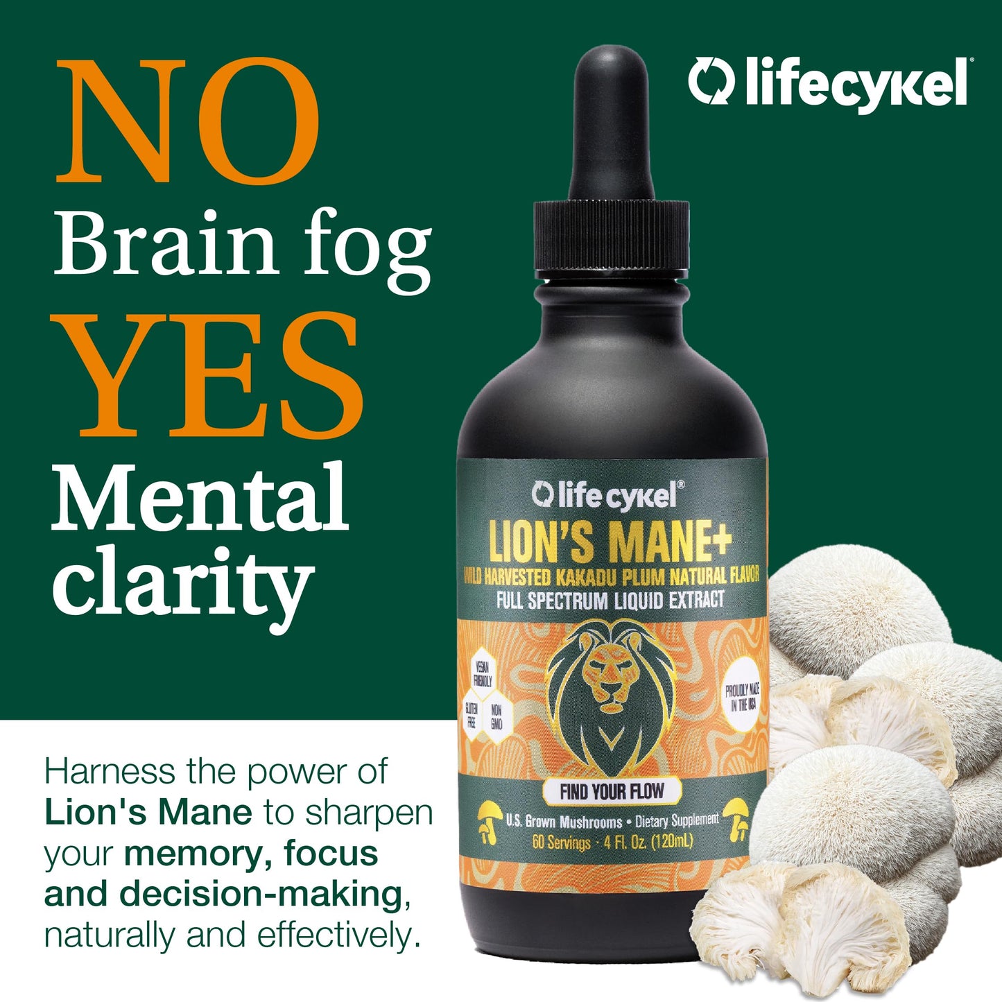 Life Cykel - Lion's Mane Mushroom Extract with Kakadu Plum - Brain Booster Nootropic for Memory, Focus & REM Sleep - Non-GMO, Organic Mushroom Tincture - 4 Fl Oz (60 Servings)
