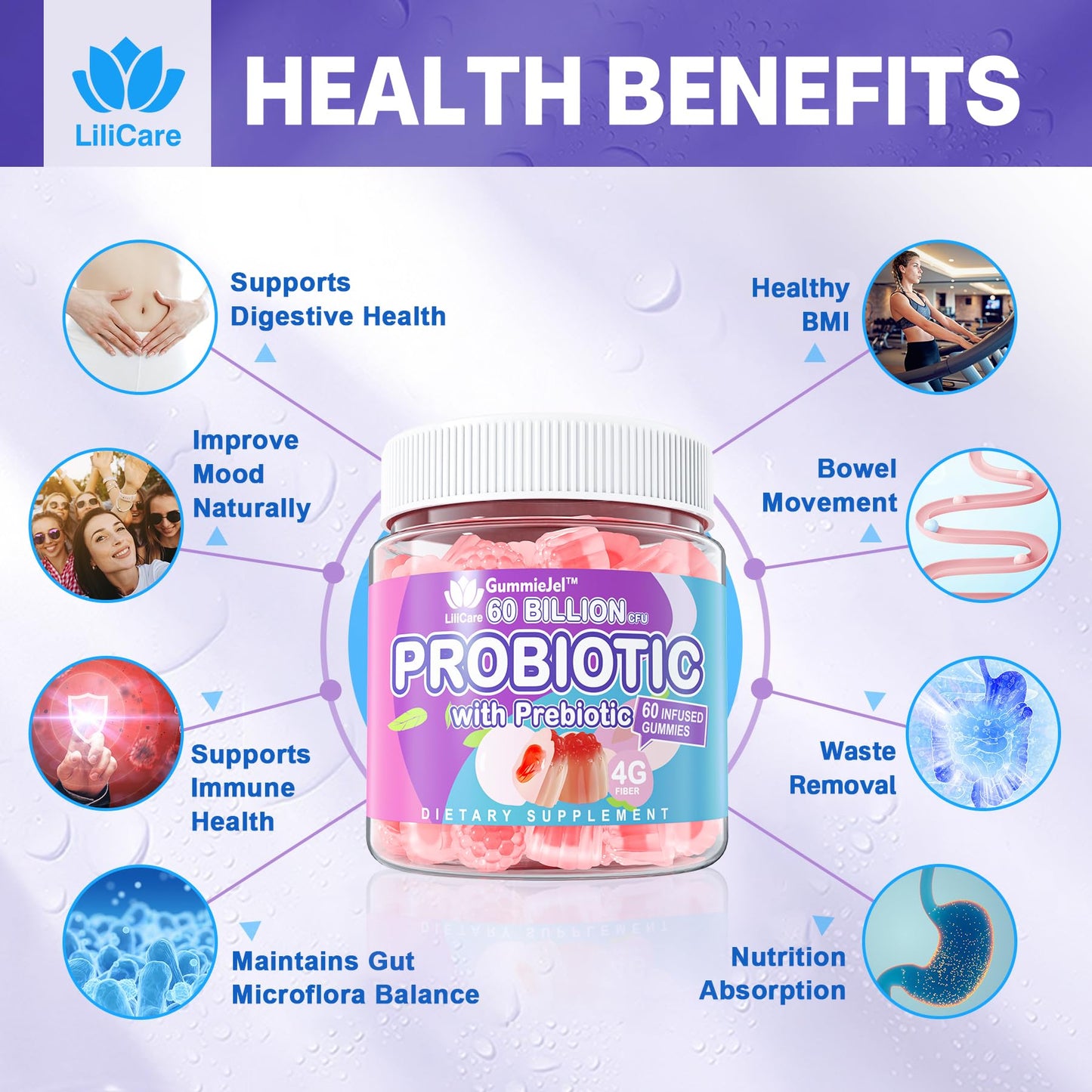 Probiotic Gummies 60 Billion CFU for Women Men & Kids, 11 Strains Probiotics + Organic Prebiotics Fiber for Immune, Digestive Health, Supports Constipation, Diarrhea, Gas & Bloating - Sugar Free, 60ct