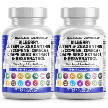 Clean Nutra Eye Vitamins with Bilberry Lutein and Zeaxanthin Supplements Lycopene 40mg Resveratrol Grape Seed Astaxanthin for Eyes - Eye Care Health Support Eye Vitamin and Mineral Supplement