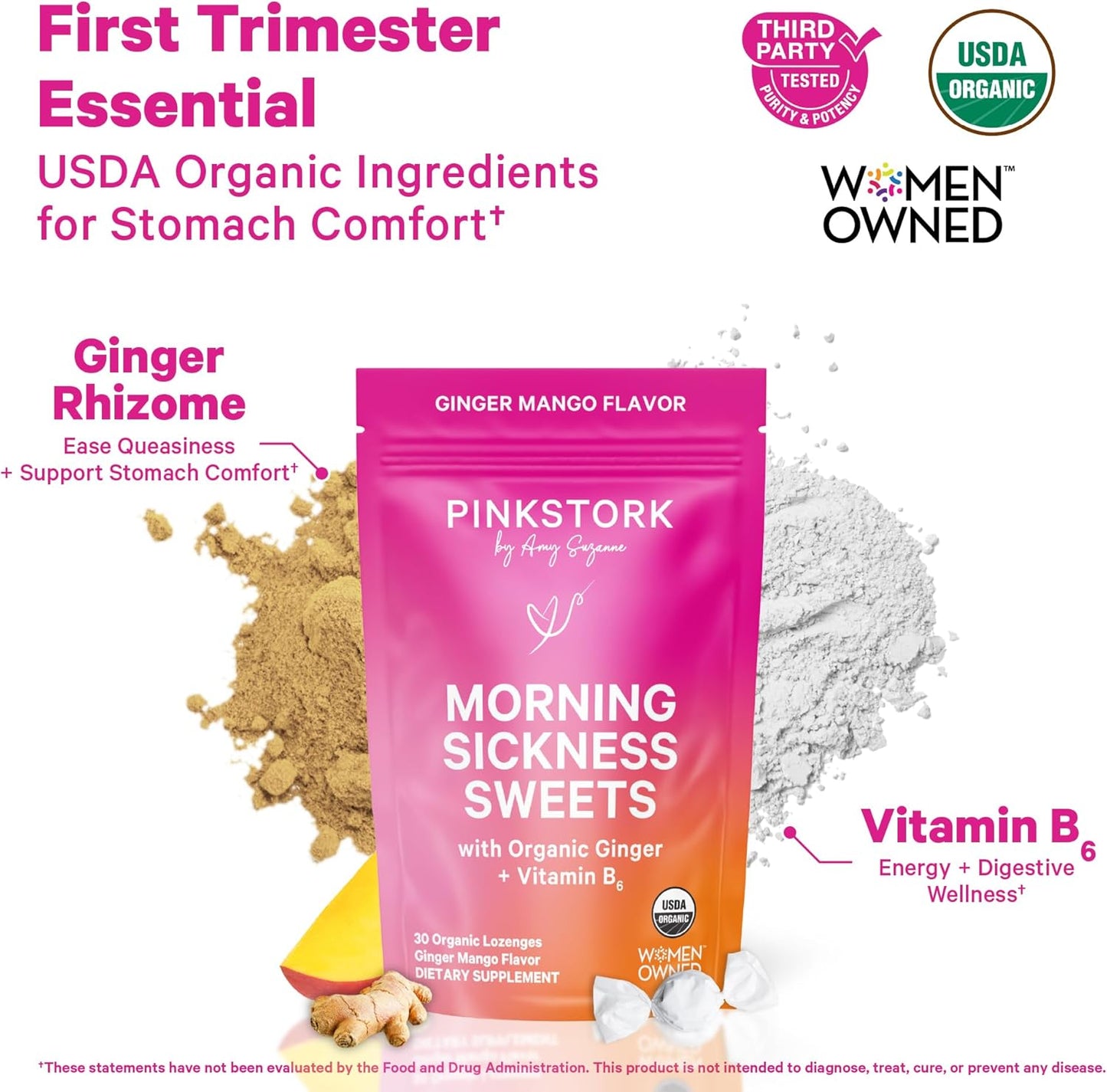 Pink Stork Morning Sickness Support Kit – 3-Piece Bundle with Organic Ginger Peach Tea, B6 Sweets, Ginger Lozenges – Pregnancy Support, First Trimester Essentials, Gift for Pregnant Women
