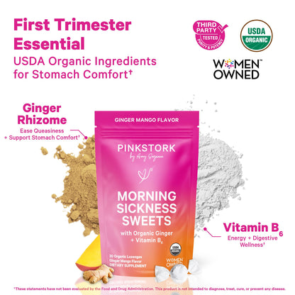 Pink Stork Morning Sickness Sweets Organic Raspberry Ginger, 30 Count | USDA Organic Ginger + Vitamin B6, Motion Sickness Support, Digestive Comfort + Heartburn Support, 30 Wrapped Drops