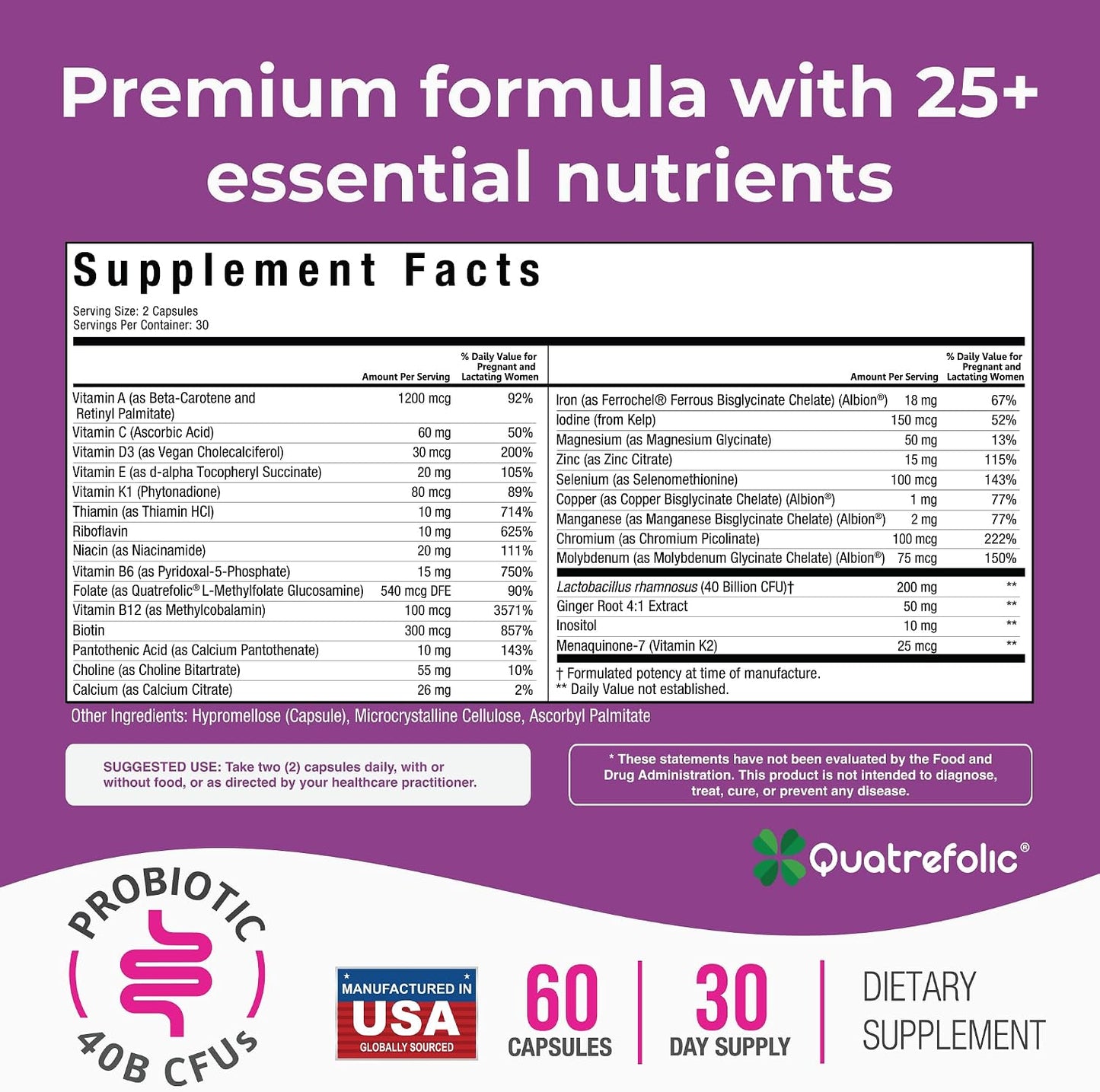 NatureGenX Methyl Prenatal with Probiotics – Prenatal Vitamins for Women with Iron, Methyl Folate, Ginger, Active B12 & 28 Nutrients – Vegan, Non-GMO, Gluten-Free – 60 Capsules (1-Month Supply)