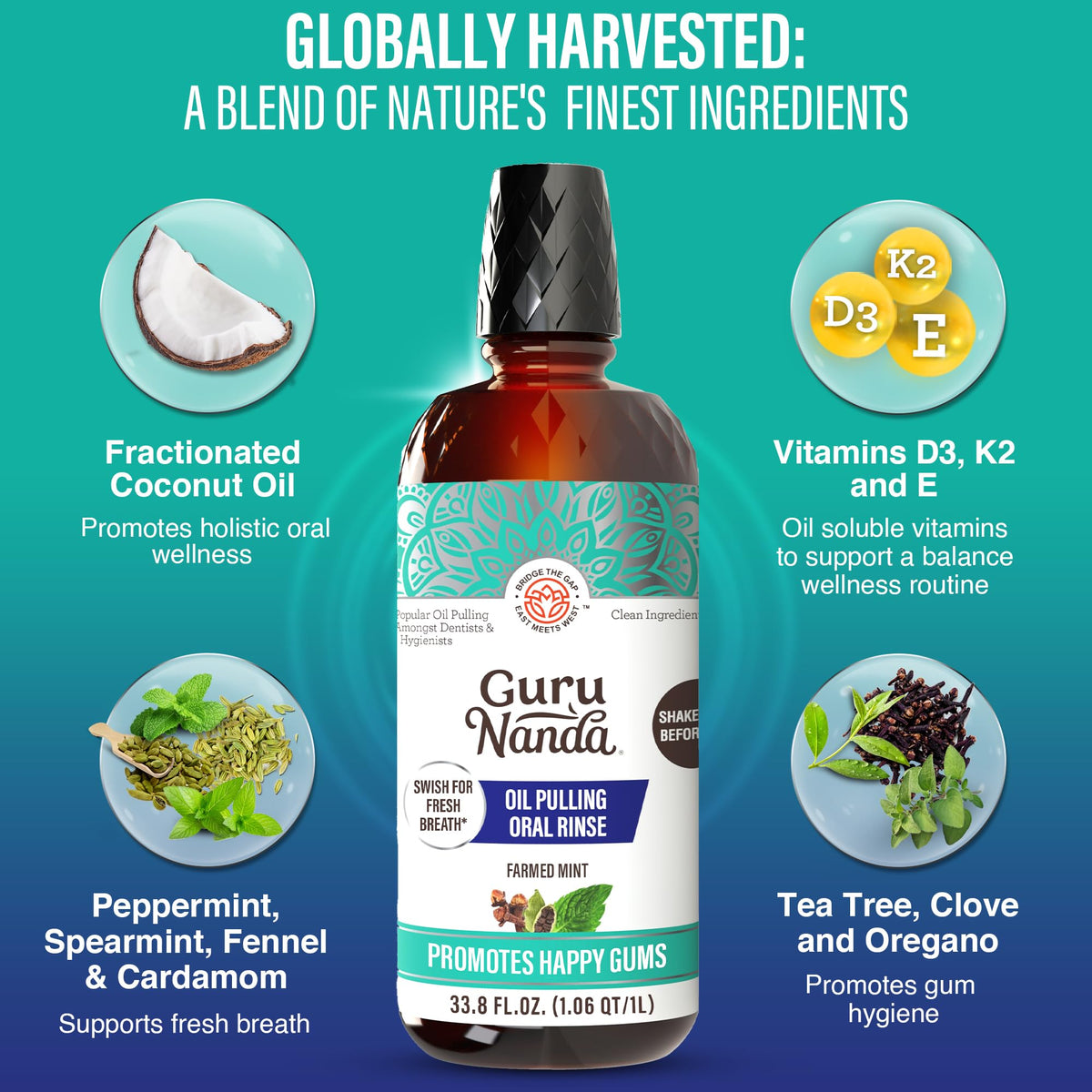 GuruNanda Coconut Oil Pulling Mouthwash with Vitamins, Farmed Mint, 16 oz