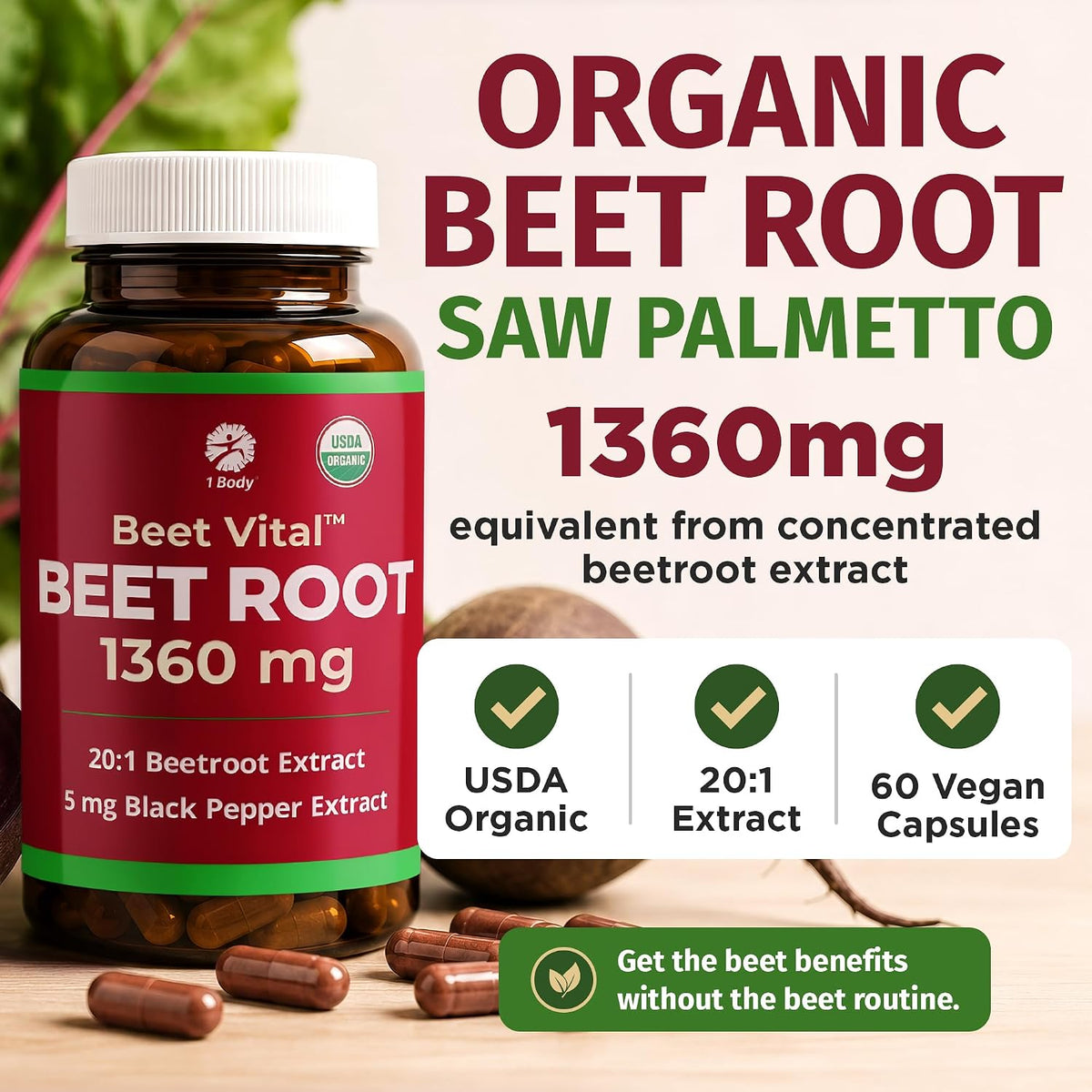 1 Body Beet Root Capsules 1360mg, 20:1 Extract, Beet Vital, 60 Caps