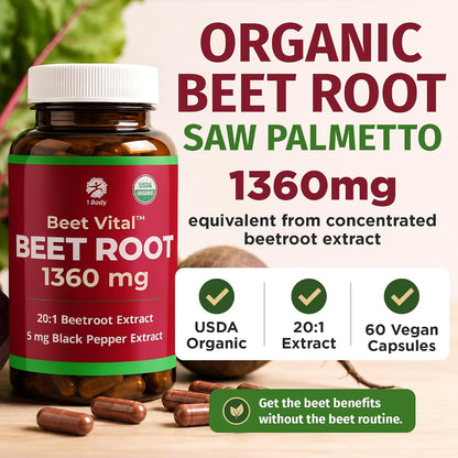 1 Body Beet Root Capsules 1360mg, 20:1 Extract, Beet Vital, 60 Caps