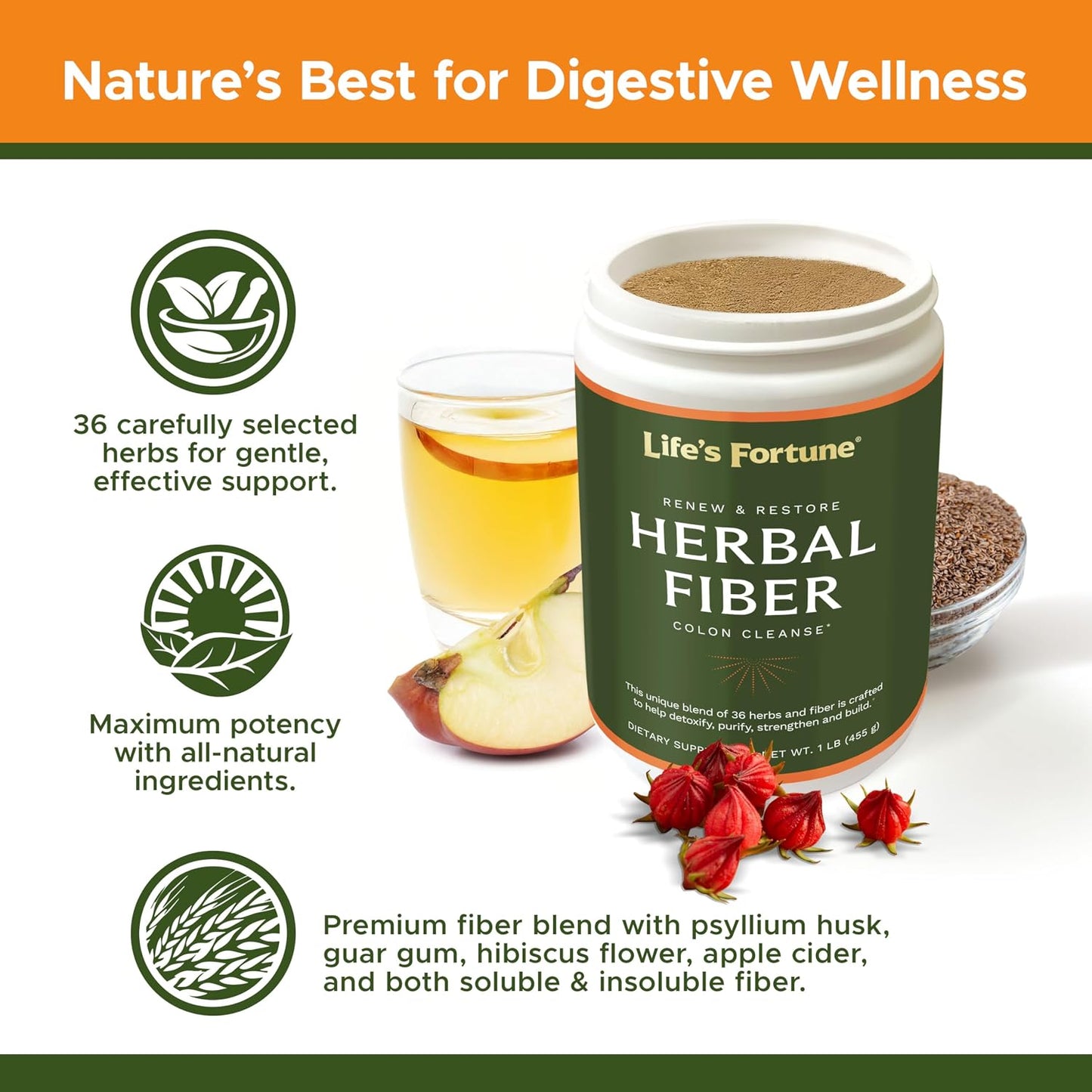 Life’s Fortune Herbal Fiber Colon Cleanse Powder – Natural Digestive Detox & Gut Cleanse, 36 Herb Blend with Apple Fiber and Psyllium Husk for Digestive Health & Regularity, 1 lb