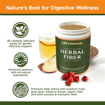 Life’s Fortune Herbal Fiber Colon Cleanse Powder – Natural Digestive Detox & Gut Cleanse, 36 Herb Blend with Apple Fiber and Psyllium Husk for Digestive Health & Regularity, 1 lb