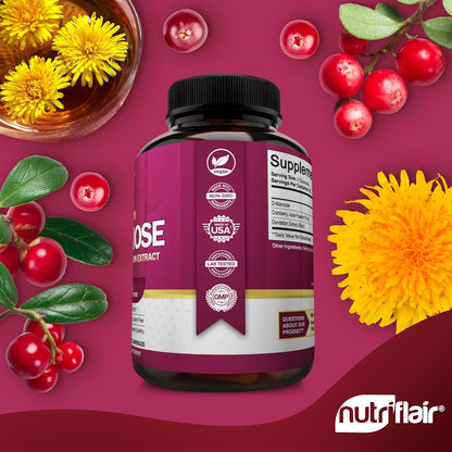 NutriFlair D-Mannose 120 Capsules, 1500mg - with Cranberry and Dandelion Extract - Natural Urinary Tract Health UTI Support - Best D Mannose Powder - Flush Impurities, Detox Body, for Women and Men