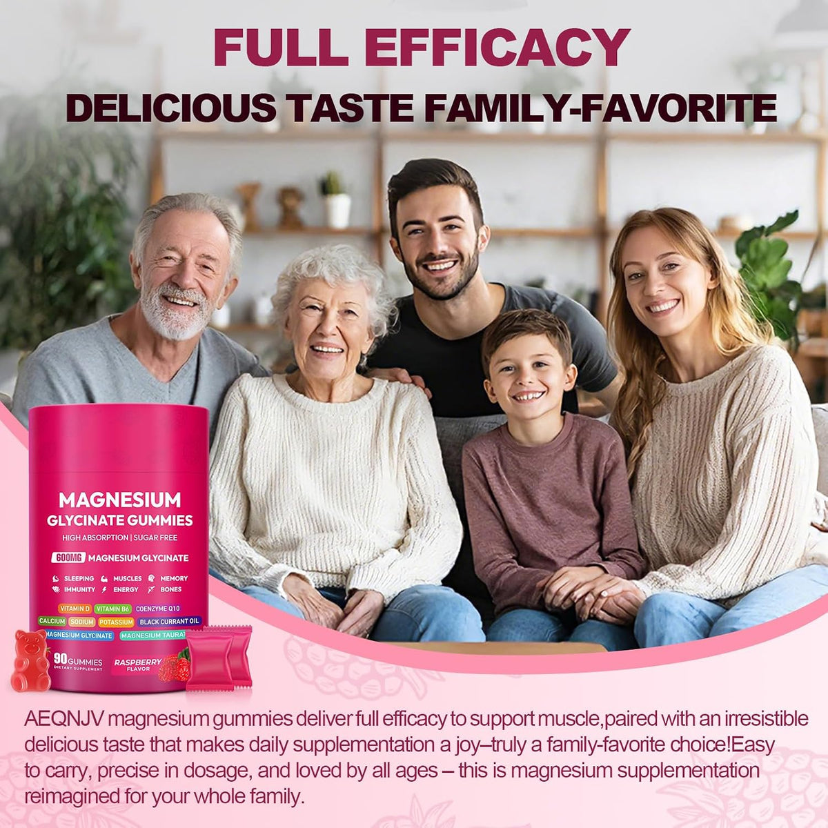Magnesium Glycinate Gummies 600mg, High Absorption Magnesium Complex, Sugar Free Chewables Gummies with VitaminD & B6, CQ10 for Adults & Kids, Relaxation, Muscle & Zzz Support