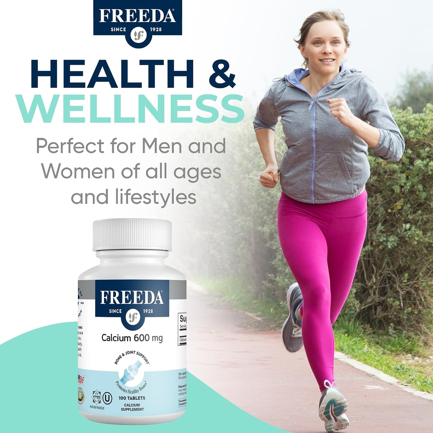 FREEDA Calcium 600mg Tablets for Bone, Joint & Teeth Support – 100 Count | Gluten-Free, Easy-to-Swallow Coated Tablets to Support Healthy Bones, Joints, Teeth, Muscle Function & Nerve Health