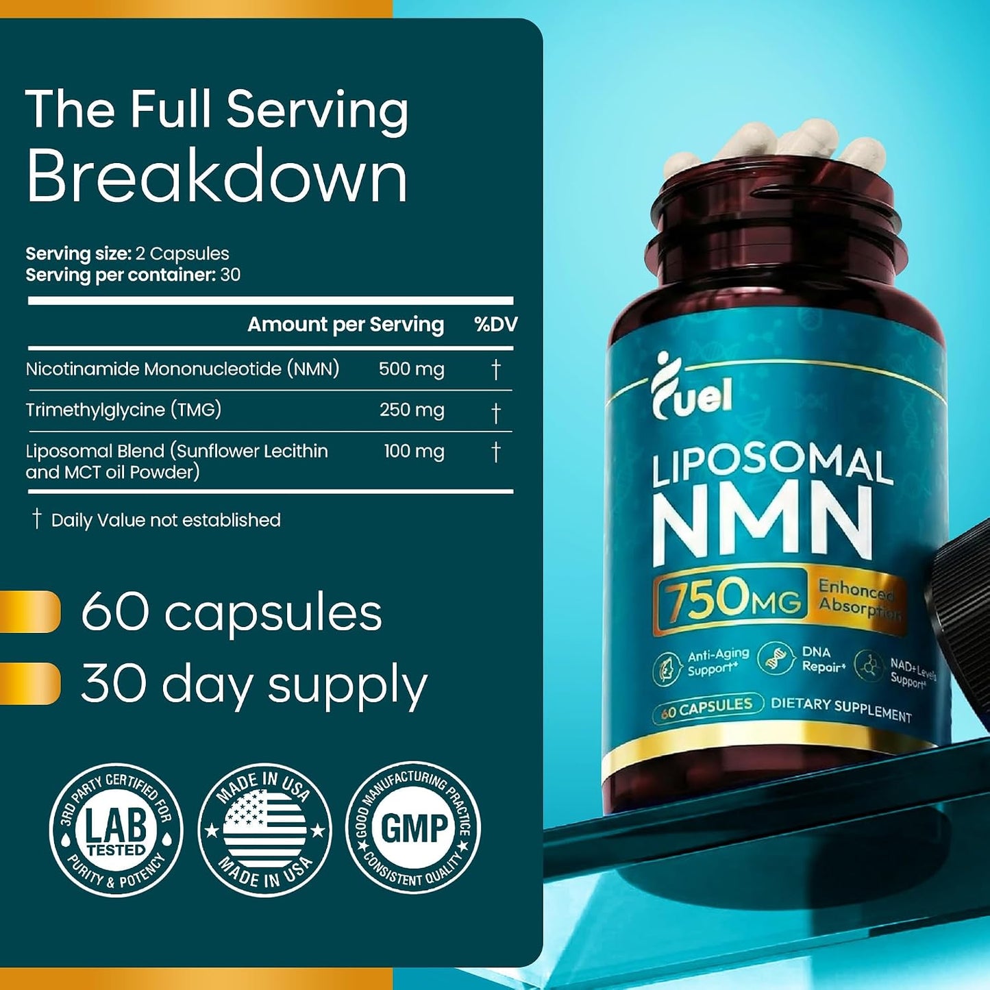 Fuel Liposomal NMN 750mg per Serving (500mg NMN + 250mg TMG) – Enhanced Absorption Nicotinamide Mononucleotide Supplement – NAD+ Support, 60 Capsules, Non-GMO, Lab Tested