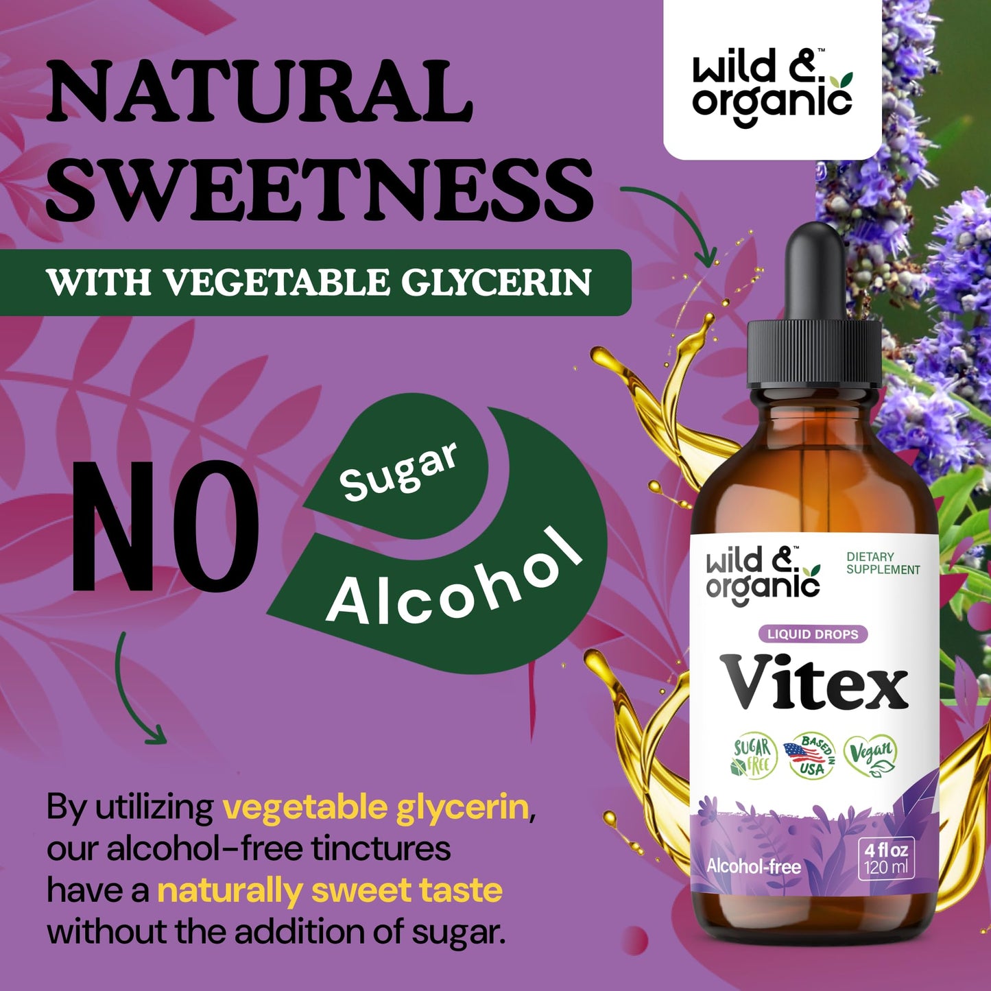 Wild & Organic Vitex Tincture - Mood & Perimenopause Support - Vitex Chasteberry Supplement for Women - Liquid Chaste Tree Berry Extract - Vegan, Sugar & Alcohol-Free Herb Drops - 4 fl oz