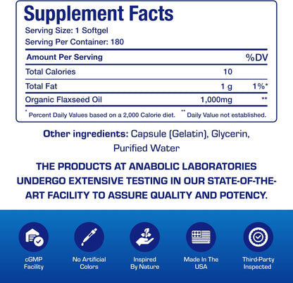 Cold Pressed Organic Flaxseed Oil 1000mg Softgels - Non GMO Organic Flax Seed Oil Rich in Naturally Occurring Omega 3 6 9 for Full Body Benefits - Fish Free Omega 3 Supplement (180 Softgels)