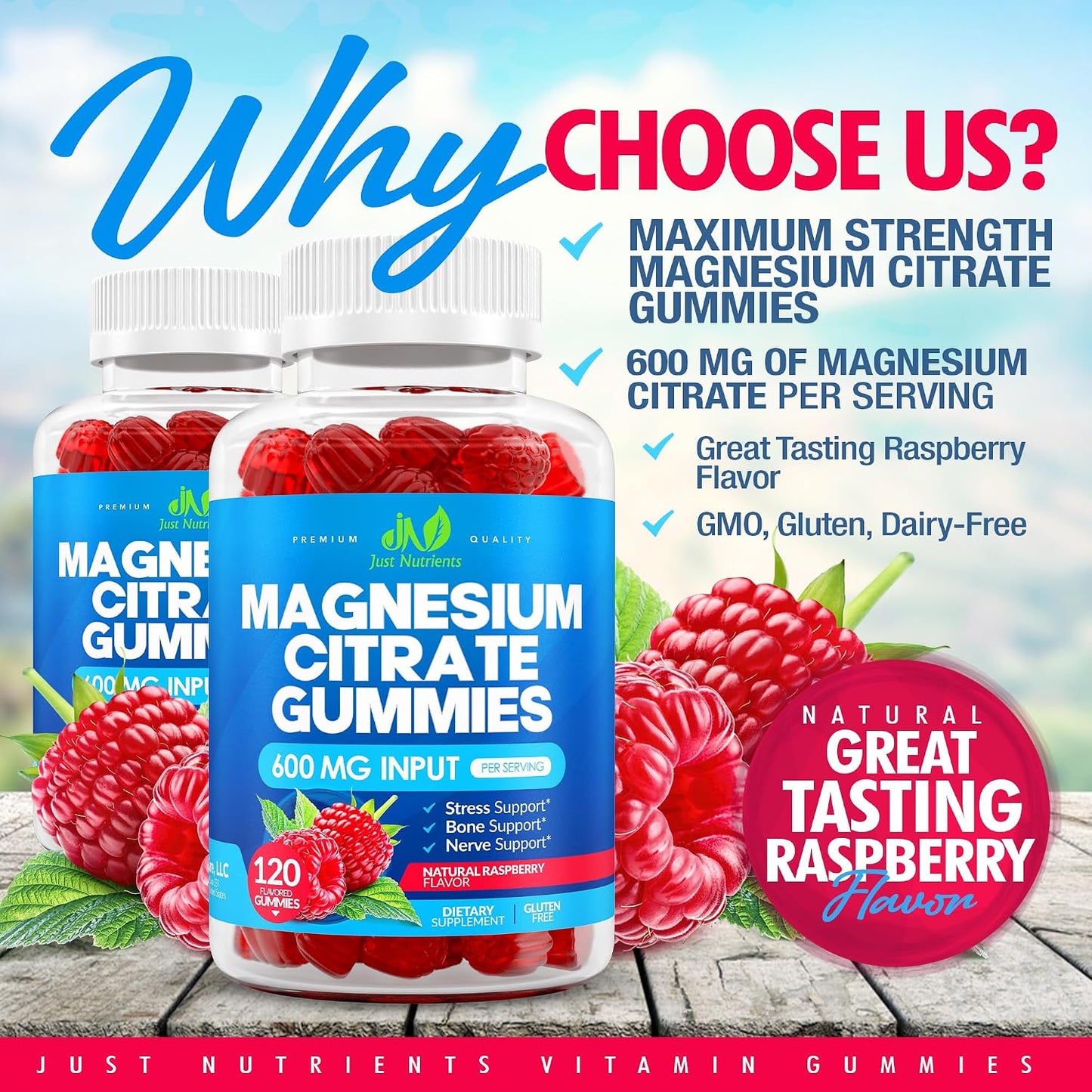 Magnesium Citrate 600mg Gummies (120 Count) - Maximum Strength, Supports Calm, Bone, Heart & Nerve Health - Gluten-Free, Non-GMO, Vegetarian, Great Tasting Raspberry Flavor - 60 Servings