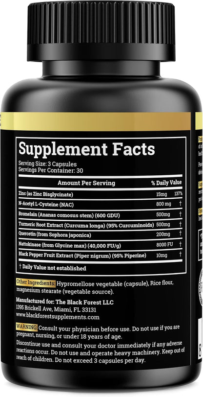 Black Forest Spike Shield 7-In-1 Formula Wellness Supplement – Nattokinase 8000 FU, Bromelain 500mg, Curcumin, Quercetin, NAC, Zinc – Comfort & Antioxidant Support – Non-GMO, Gluten-Free – 90 Capsules