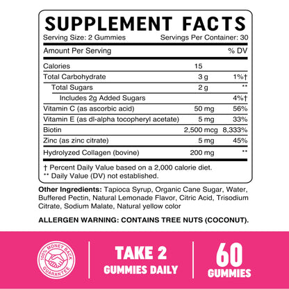 Collagen Gummies for Women | 200mg Hydrolyzed Collagen + 2500mcg Biotin, with Vitamin C, E & Zinc