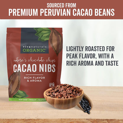Viva Naturals Organic Cacao Nibs, Unsweetened, 1 LB (454 g), Keto Friendly, Vegan, Non-GMO, Gluten-Free Crunchy Chocolate Chip Substitute