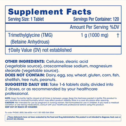 ProHealth Longevity | TMG Supplements (Trimethylglycine), Betaine Anhydrous - 1,000 mg, 120 Tablets - Methylation Support (120 Count (Pack of 1))