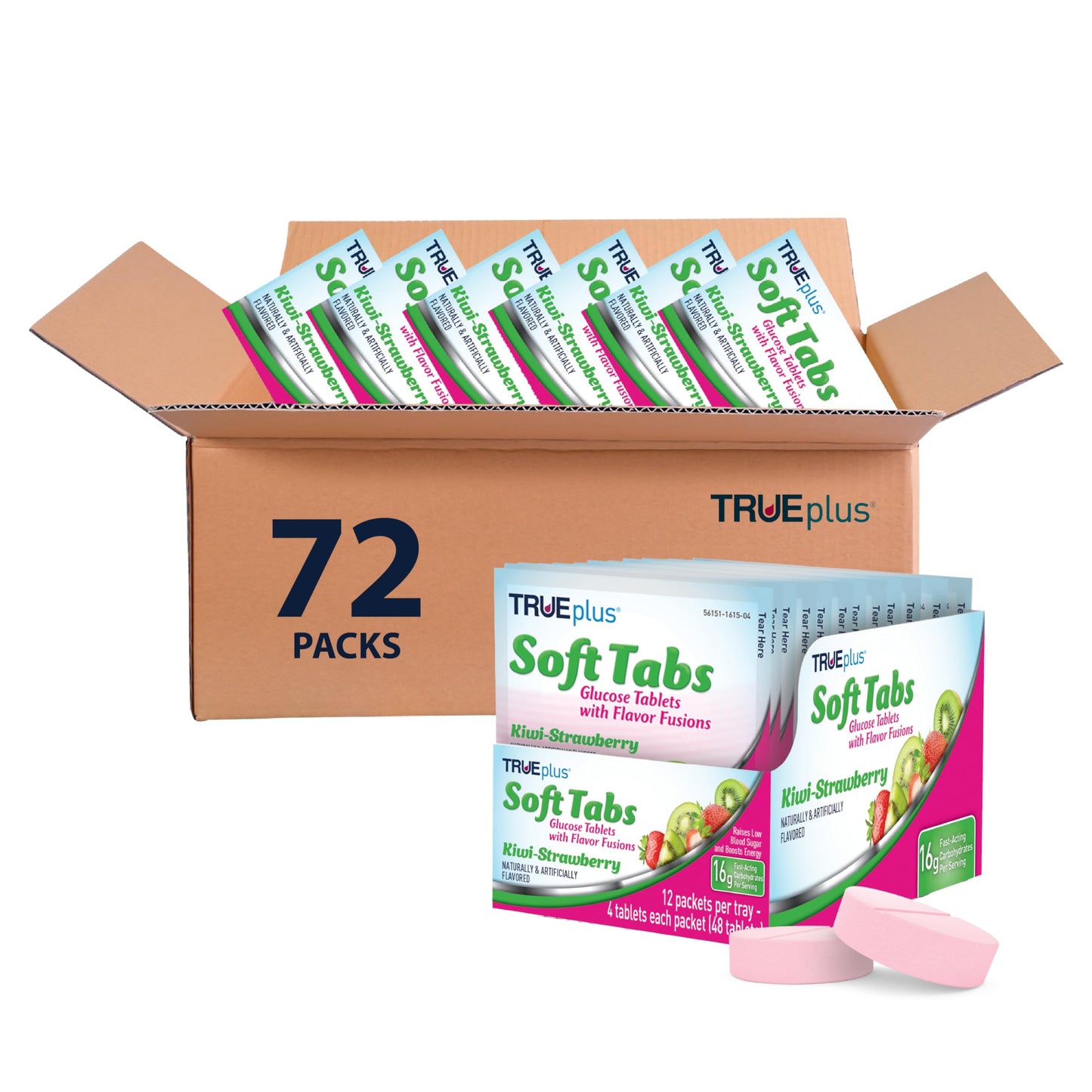 TRUEplus Soft Tabs Glucose Tablets, Cherry Pop Flavor, 4 Count, 12 Packs | Chewable Tablets, 16g Fast-Acting Carbohydrates, Fat Free, Gluten Free, Boosts Energy, Great Tasting and Easy to Use